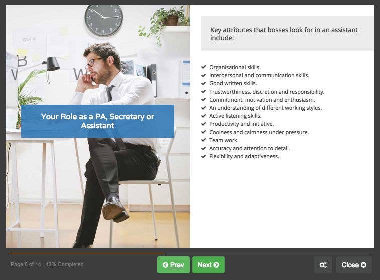 Course screenshot showing your role as a PA, Secretary or Assistant