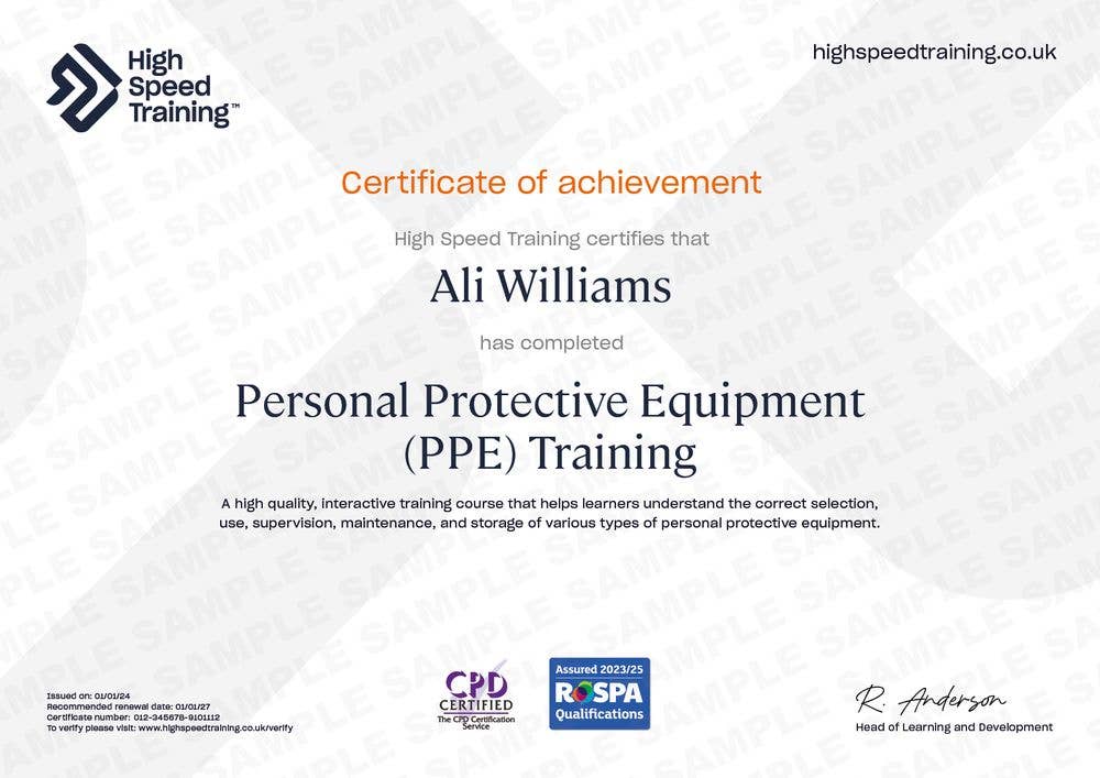 Sample Personal Protective Equipment (PPE) Certificate