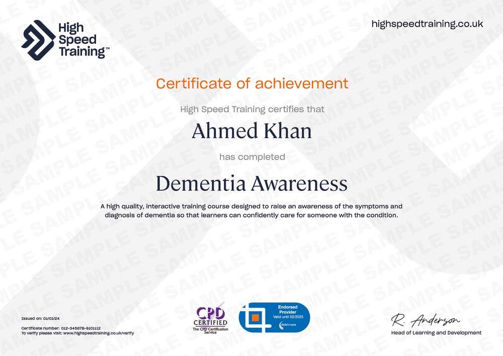 Example Certificate for the Dementia Awareness Course