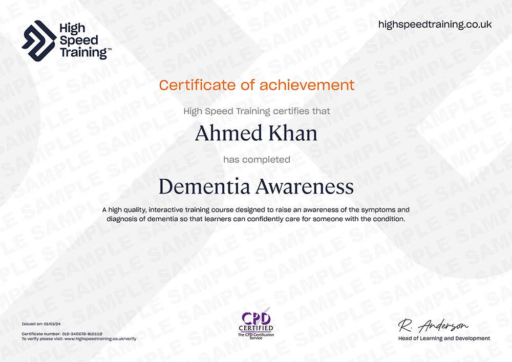 Example Certificate for the Dementia Awareness Course