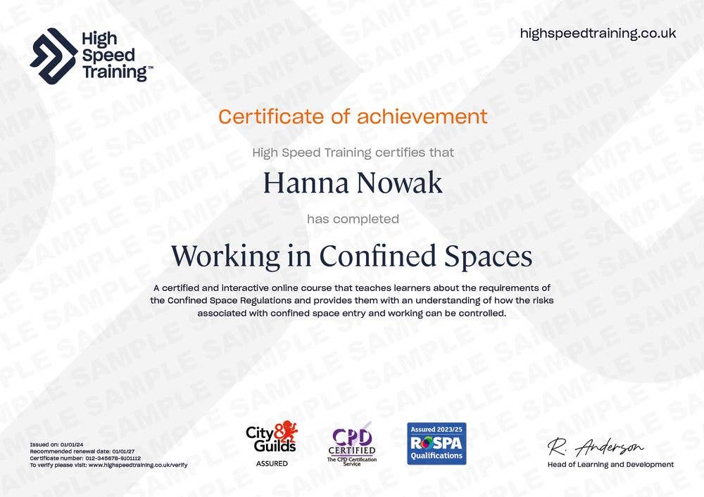 Working in Confined Spaces - Example Certificate