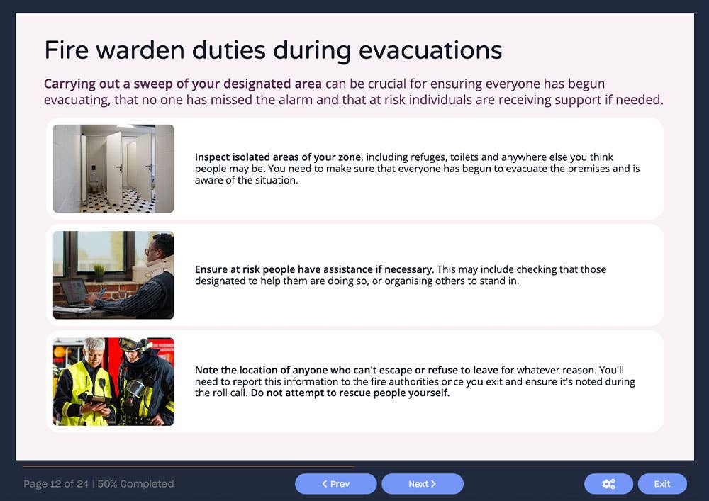 Course screenshot showing fire warden duties during evacuations