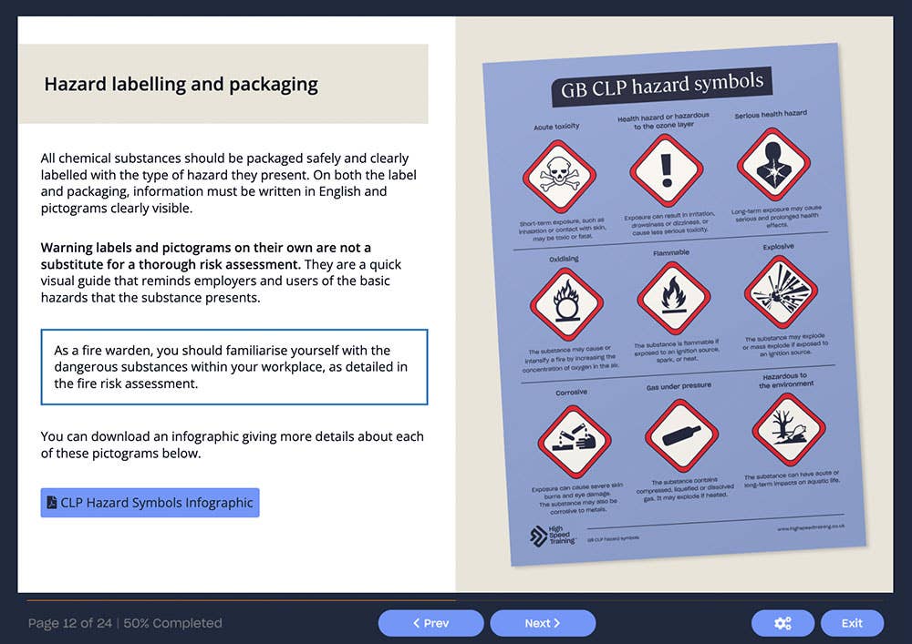 Course screenshot showing hazard labelling and packaging