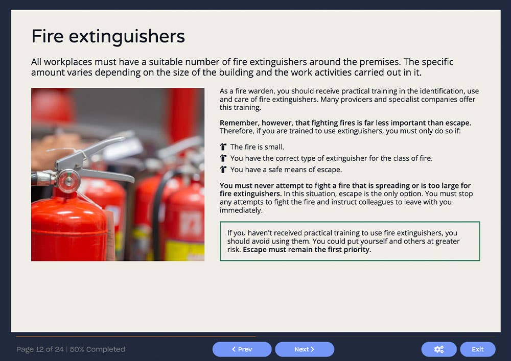 Course screenshot showing fire extinguishers