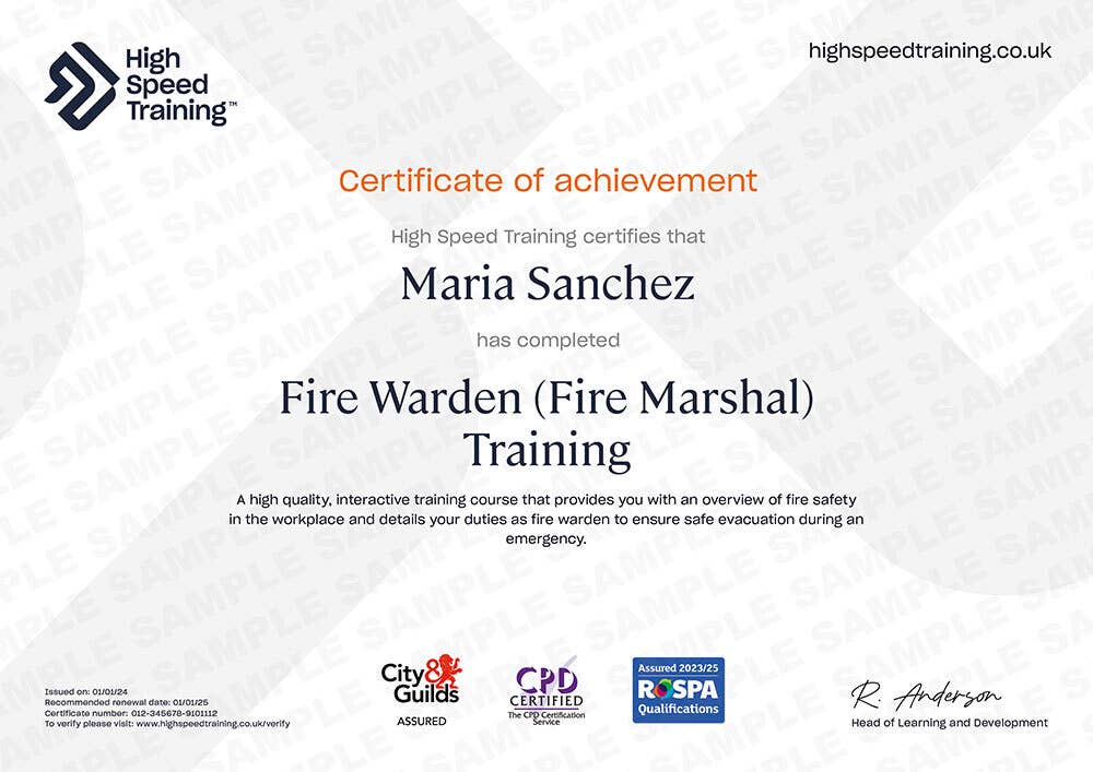 Sample Fire Warden (Fire Marshal) Training Certificate