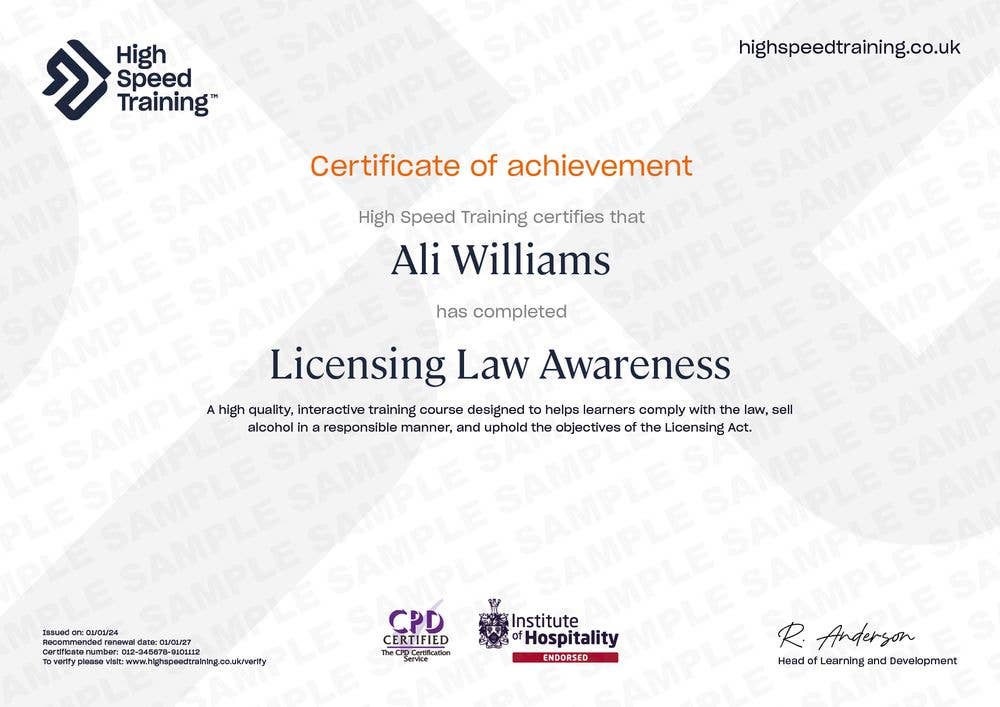 Sample Licensing Law Awareness Certificate