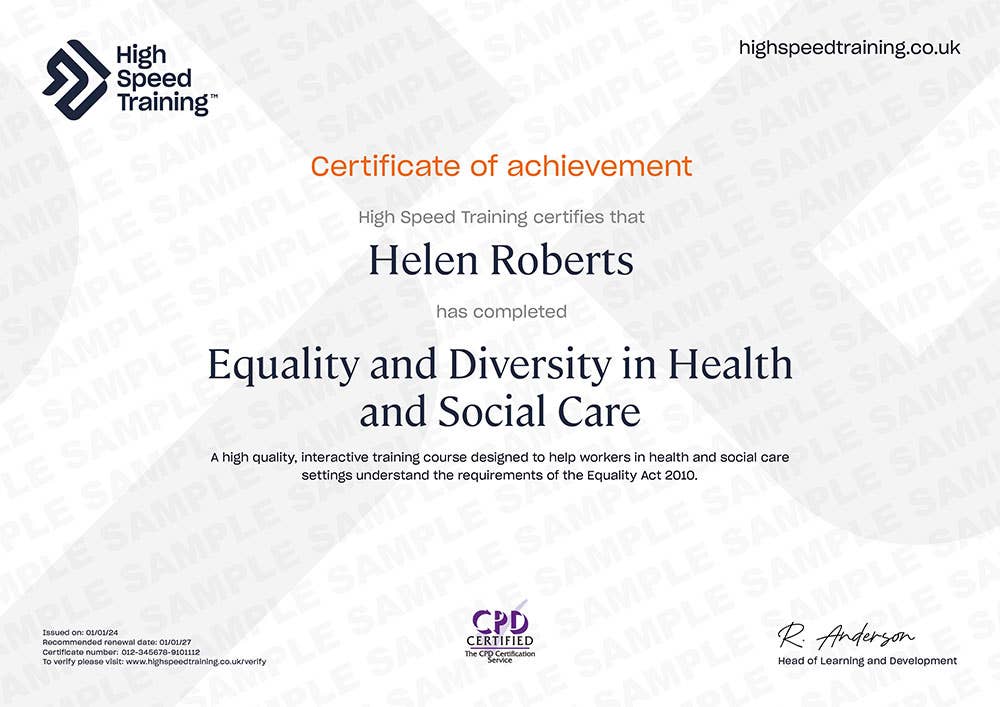 Example Certificate for the Equality and Diversity in Health and Social Care