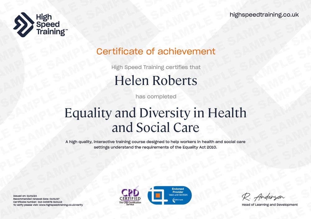Example Certificate for the Equality and Diversity in Health and Social Care