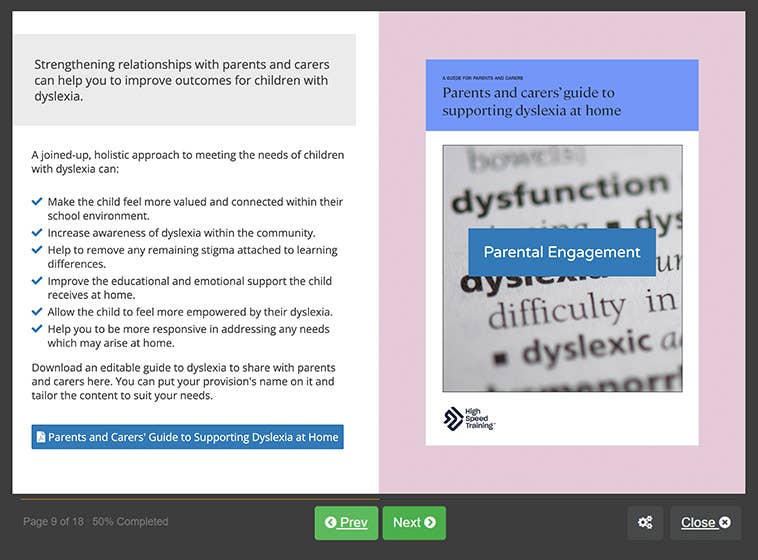 Course screenshot showing parental engagement