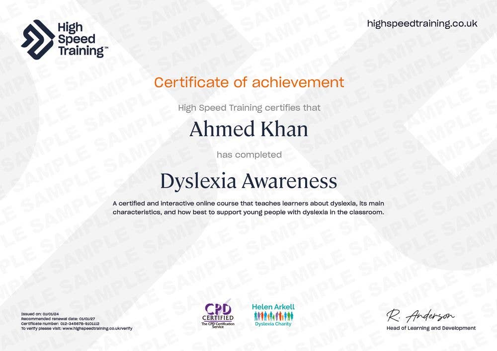 Sample Dyslexia Awareness Certificate