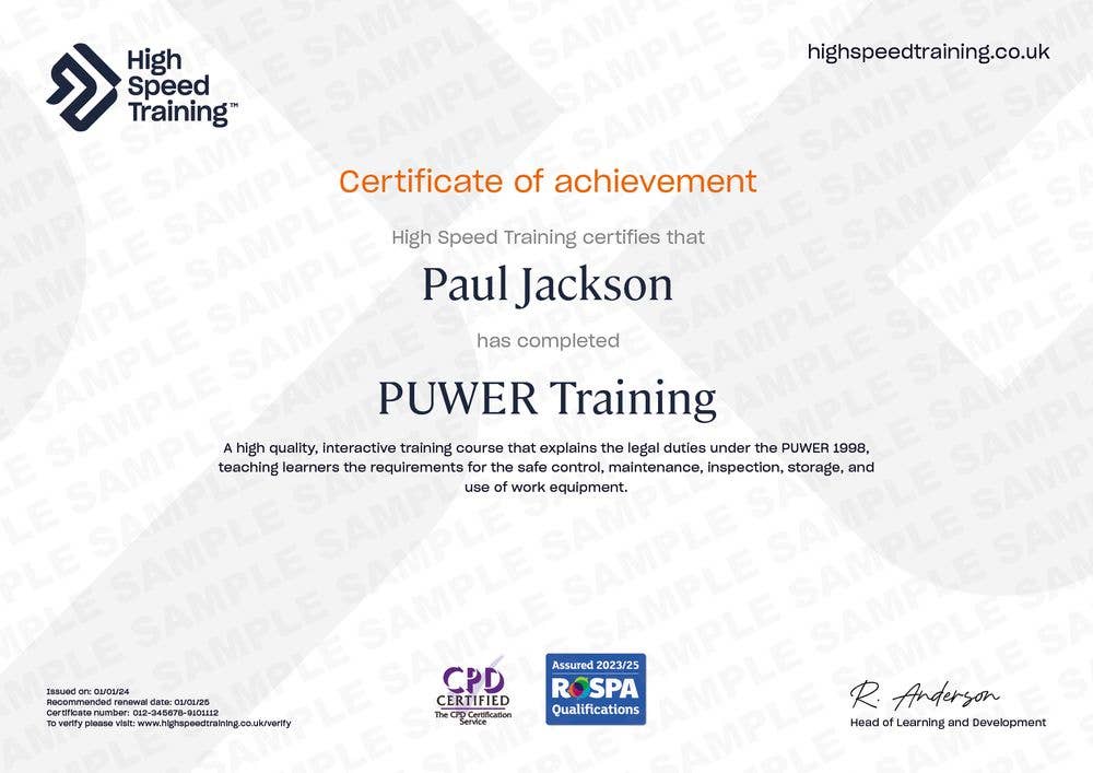 PUWER certificate