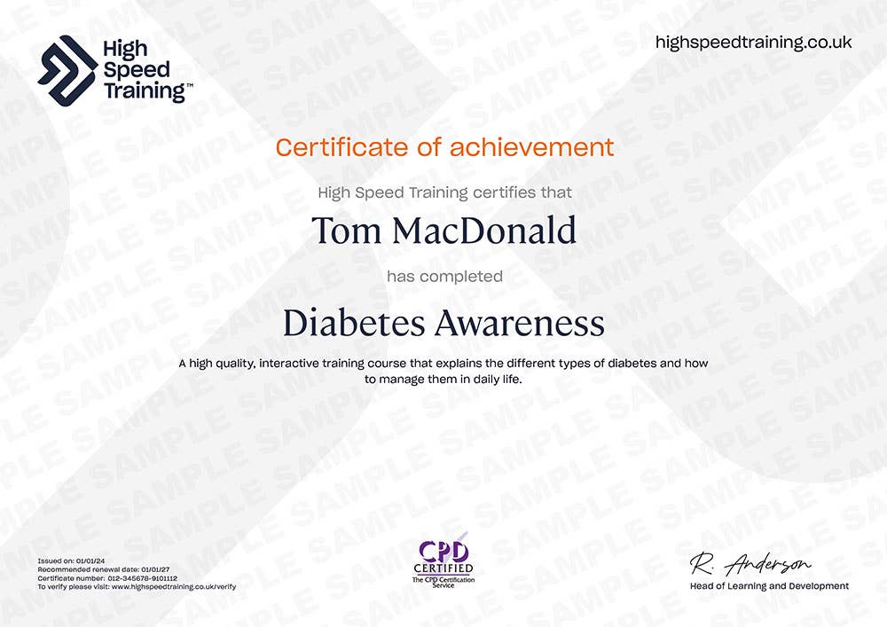 Example Certificate for the Diabetes Awareness Course