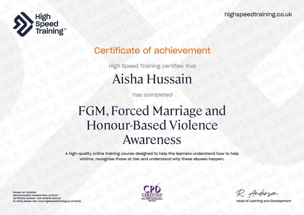 Sample FGM, Forced Marriage and Honour-Based Violence Awareness Certificate