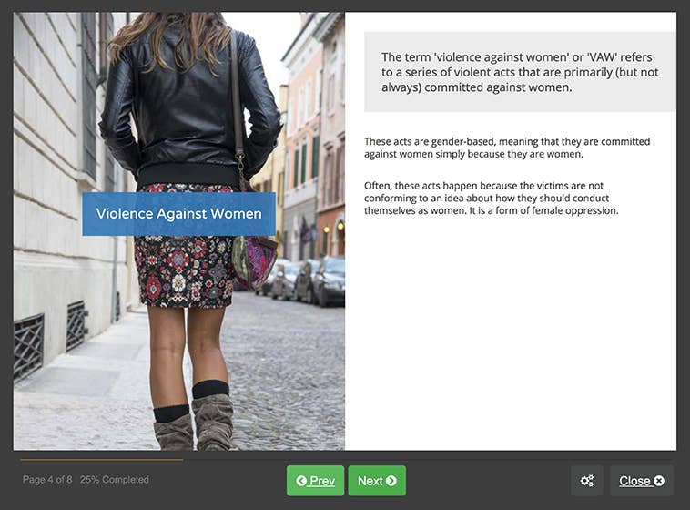 Course screenshot showing violence against women