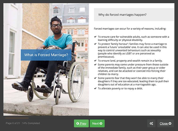 Course screenshot showing what is a forced marriage