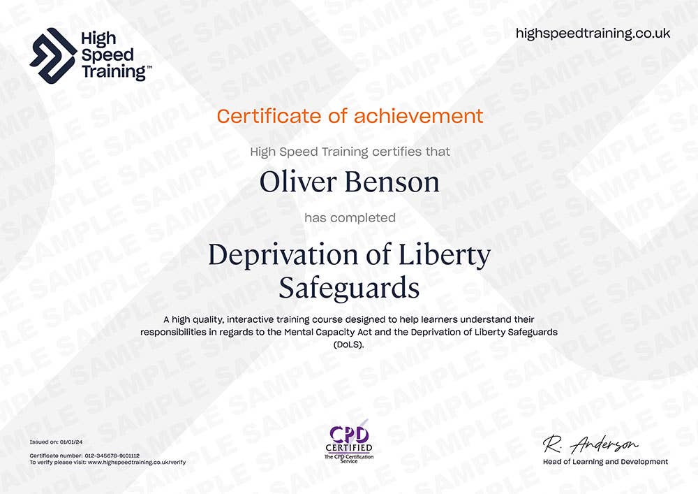 Example Certificate for the Deprivation of Liberty Safeguards Course