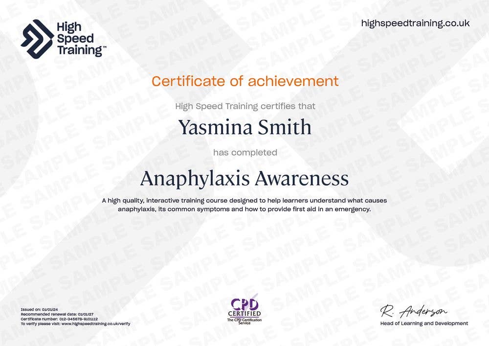 Anaphylaxis Awareness - Example Certificate