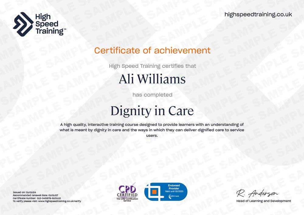 Example Certificate for Dignity in Care