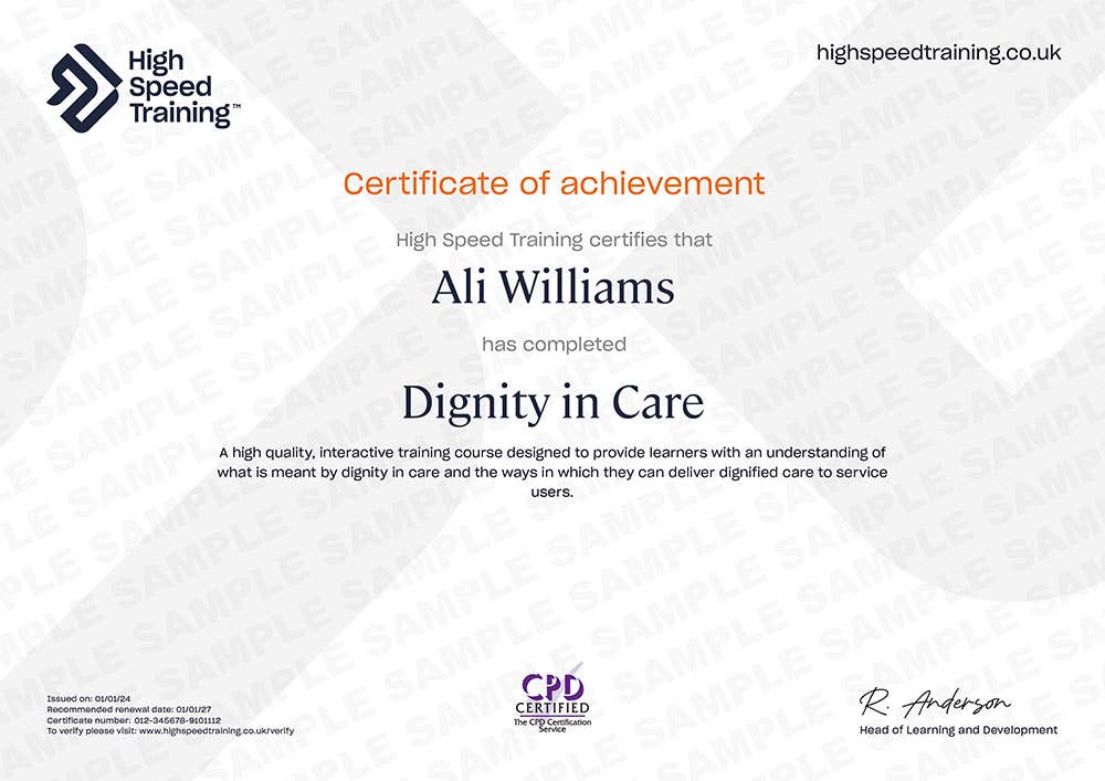 Example Certificate for Dignity in Care