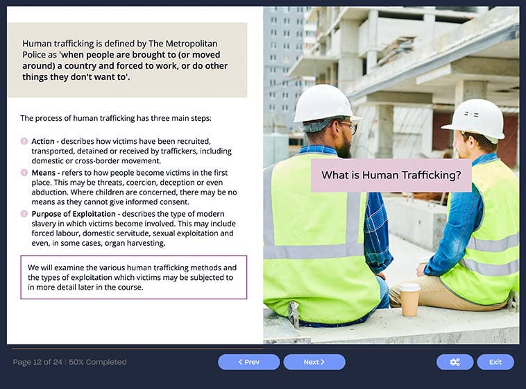 Course screenshot showing what is human trafficking?