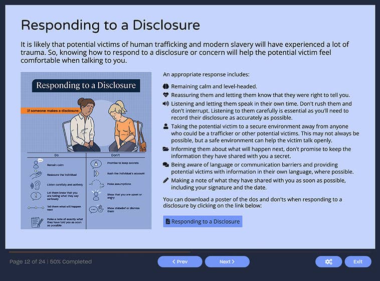 Course screenshot showing how to respond to a disclosure