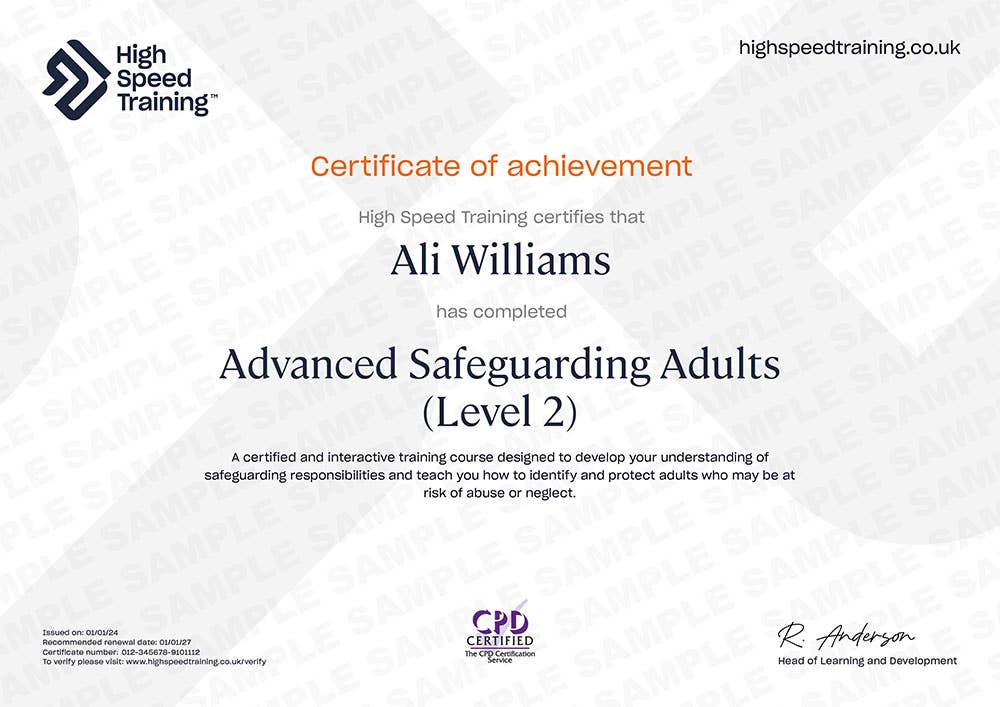 Sample certificate for Advanced Safeguarding Adults (Level 2)