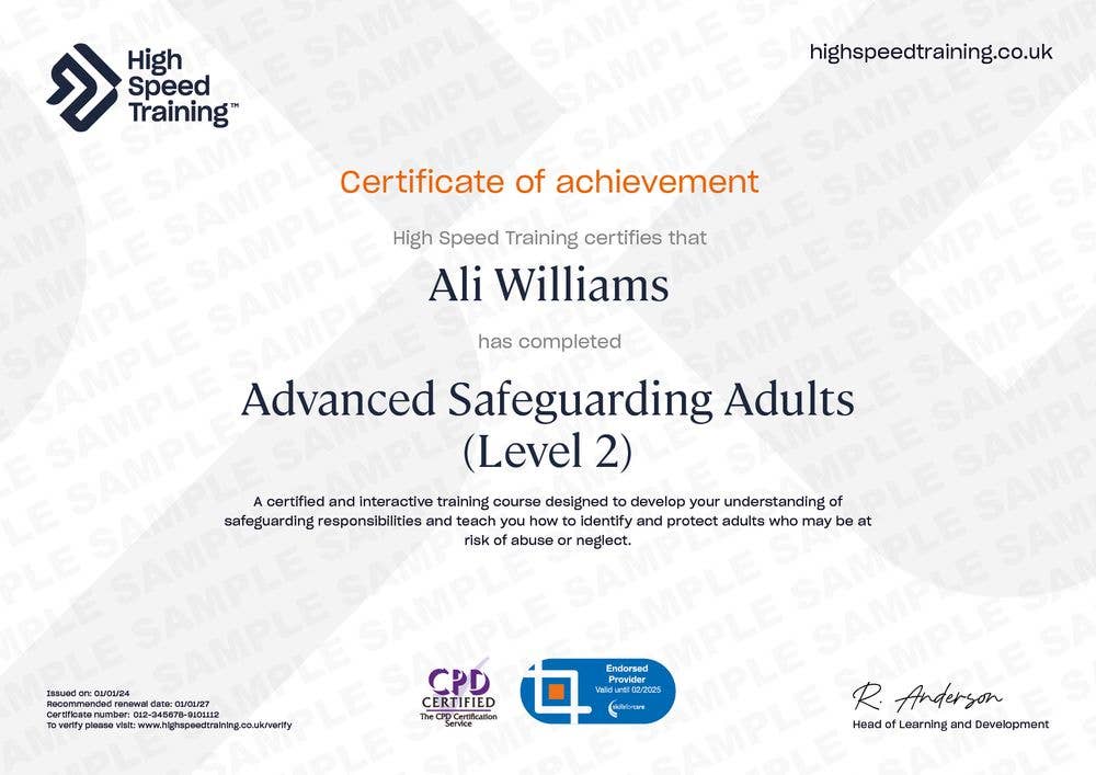 Sample certificate for Advanced Safeguarding Adults (Level 2)