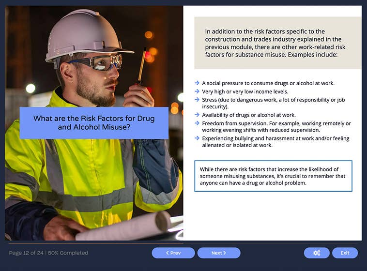 Course screenshot showing the risk factors for drug and alcohol misuse