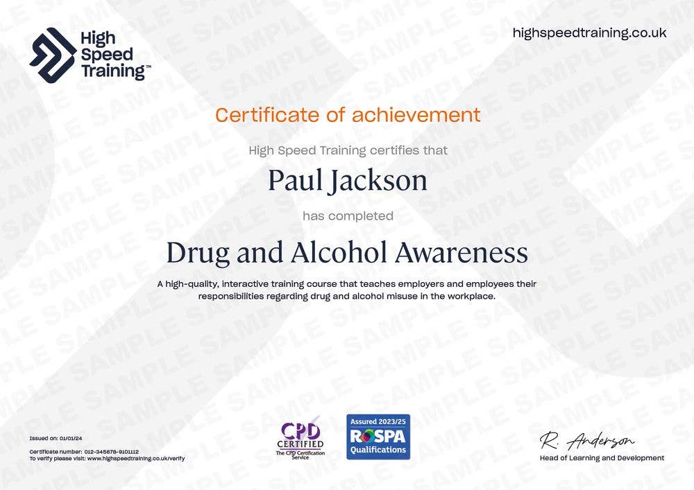 Sample Drug and Alcohol Awareness certificate