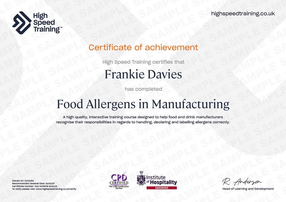 Sample Food Allergens In Manufacturing Certificate