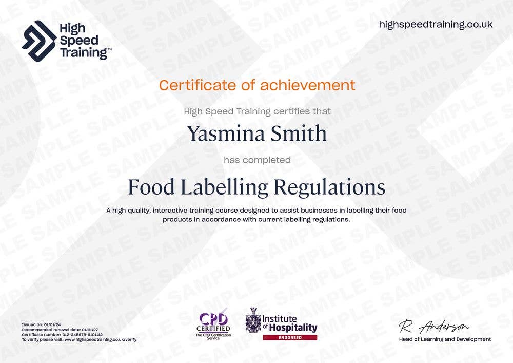 Sample Food Labelling Regulations Certificate