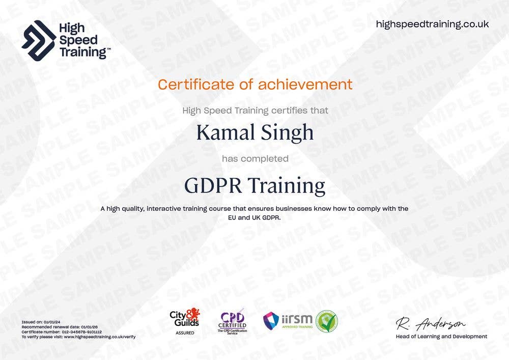 Sample GDPR Training certificate