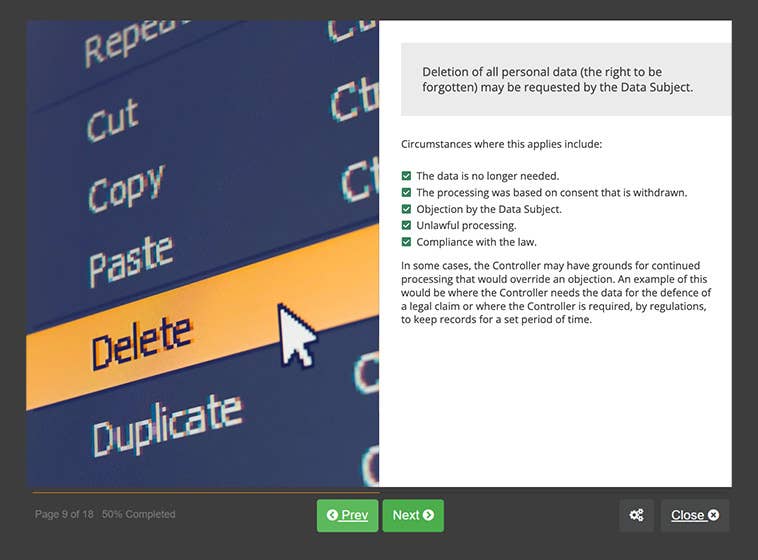 Course screenshot showing deletion of data