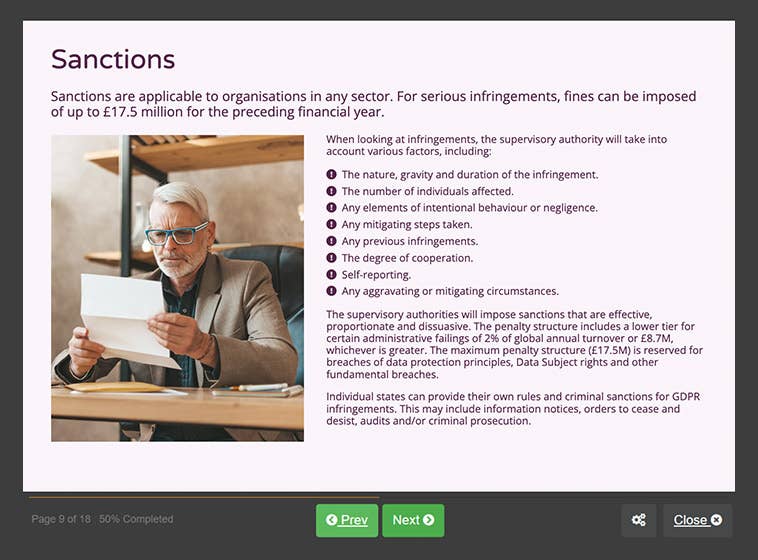 Course screenshot showing sanctions