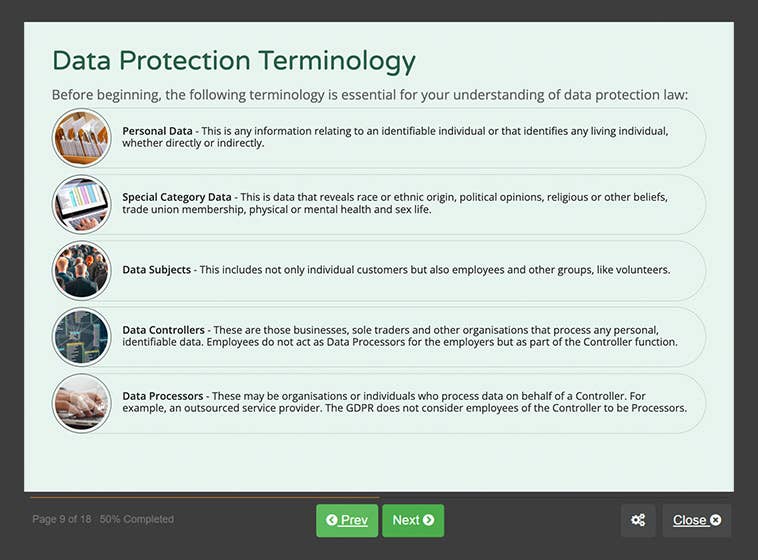 Course screenshot showing data protection terminology