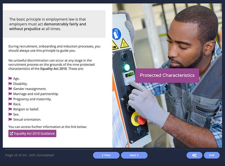 Course screenshot showing protected characteristics