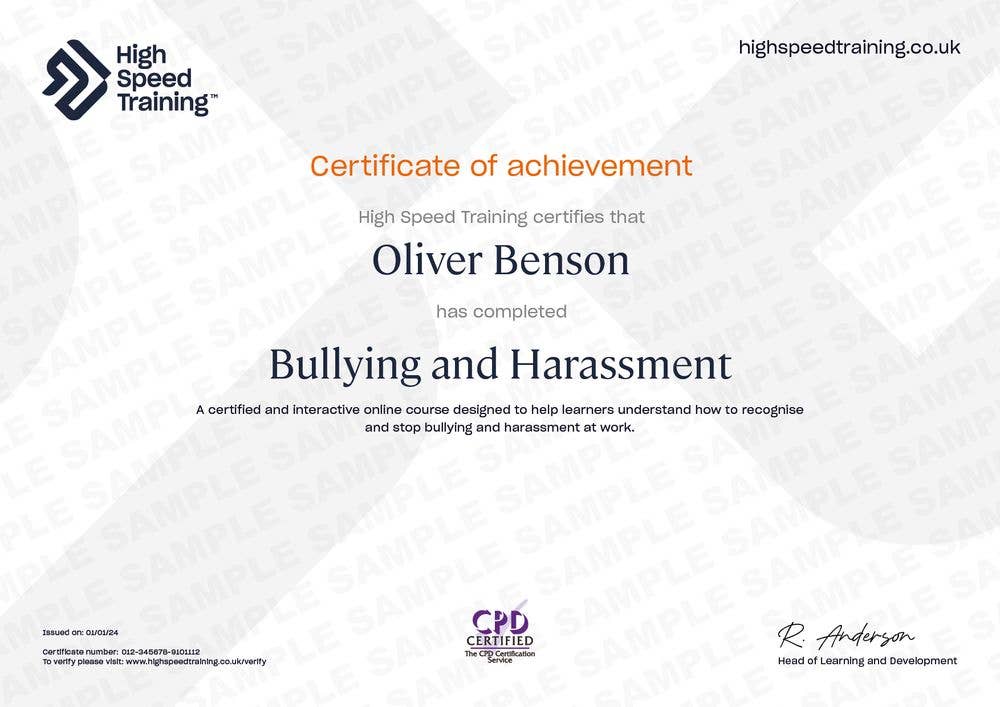 Sample Bullying and Harassment certificate