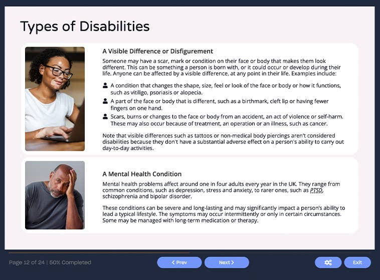 Course screenshot showing types of disabilities