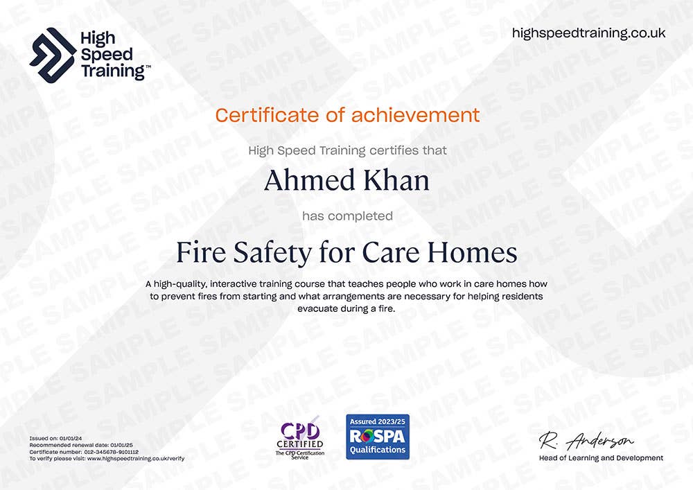 Example Certificate for the Fire Safety for Care Homes Course