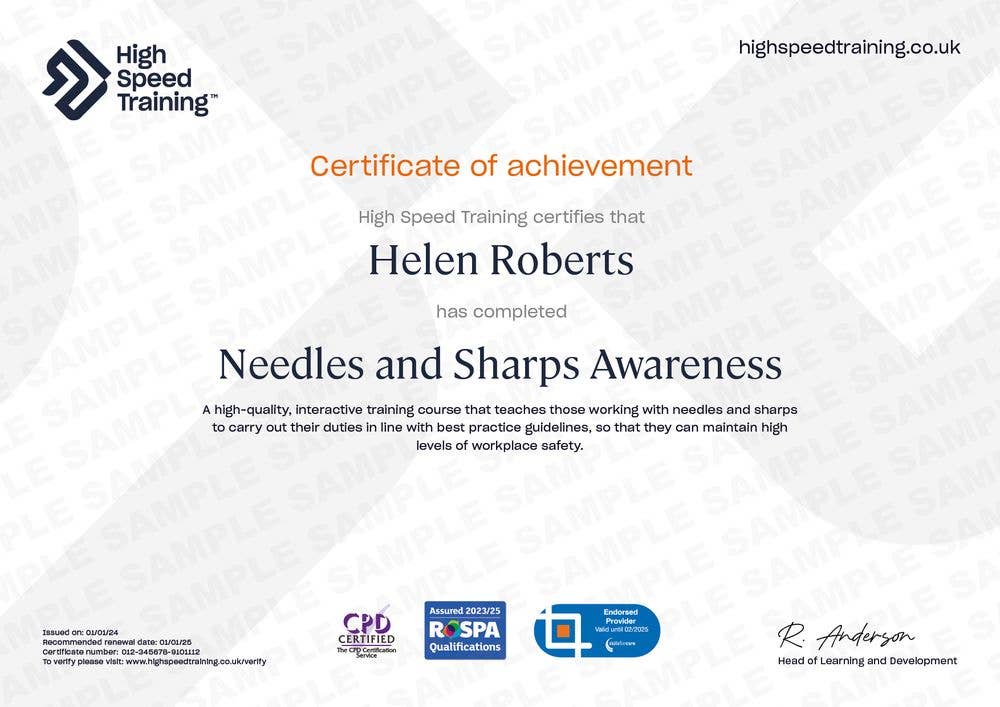 Example Certificate for the Needles and Sharps Awareness Course