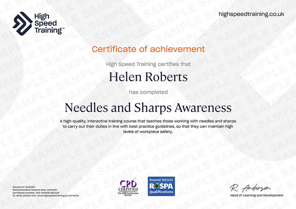 Example Certificate for the Needles and Sharps Awareness Course