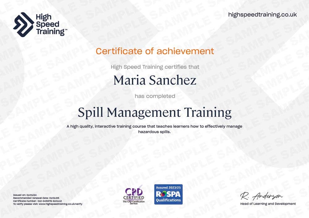 Spill Management Training - Example Certificate