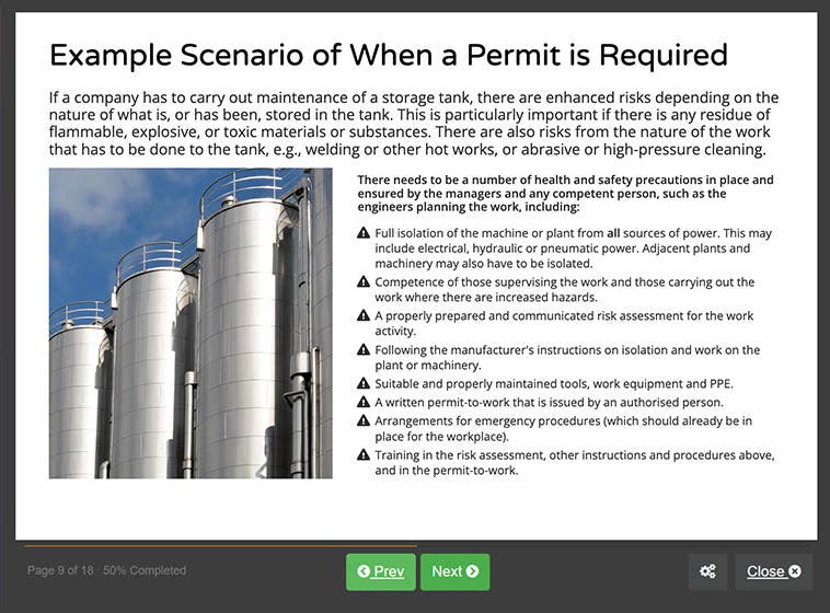 Course screenshot showing a scenario when a permit is required