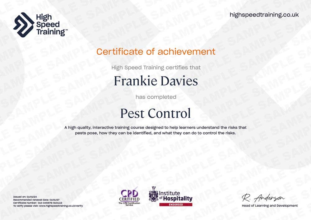 Pest Control - Example Certificate