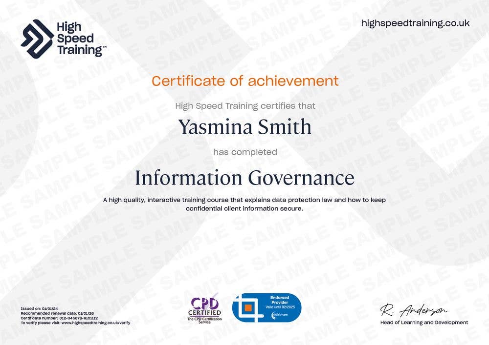 Example Certificate for the Information Governance Course