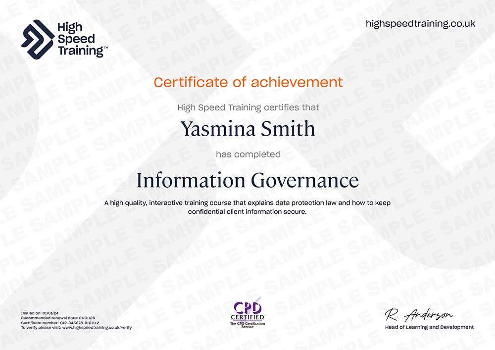 Example Certificate for the Information Governance Course