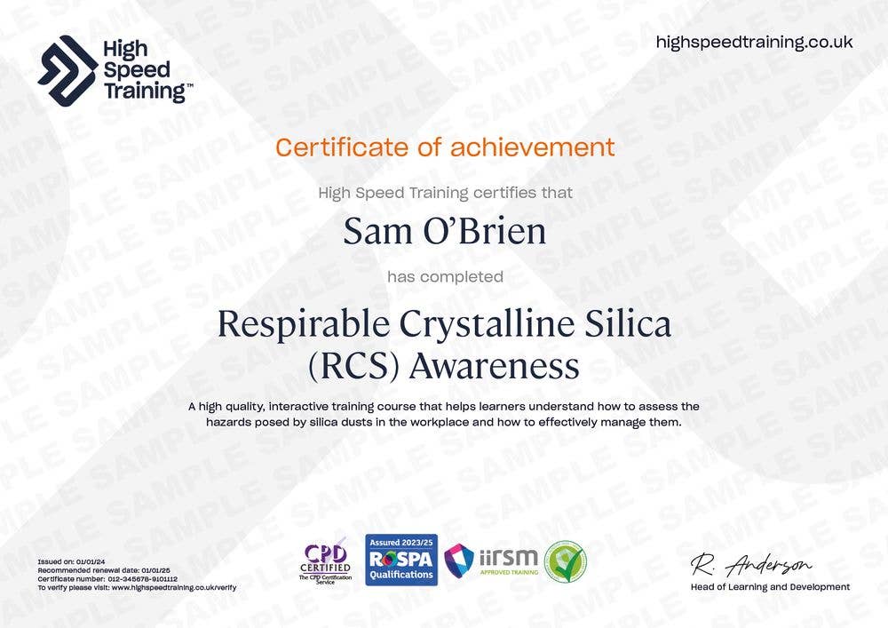 Respirable Crystalline Silica Awareness - Example Certificate