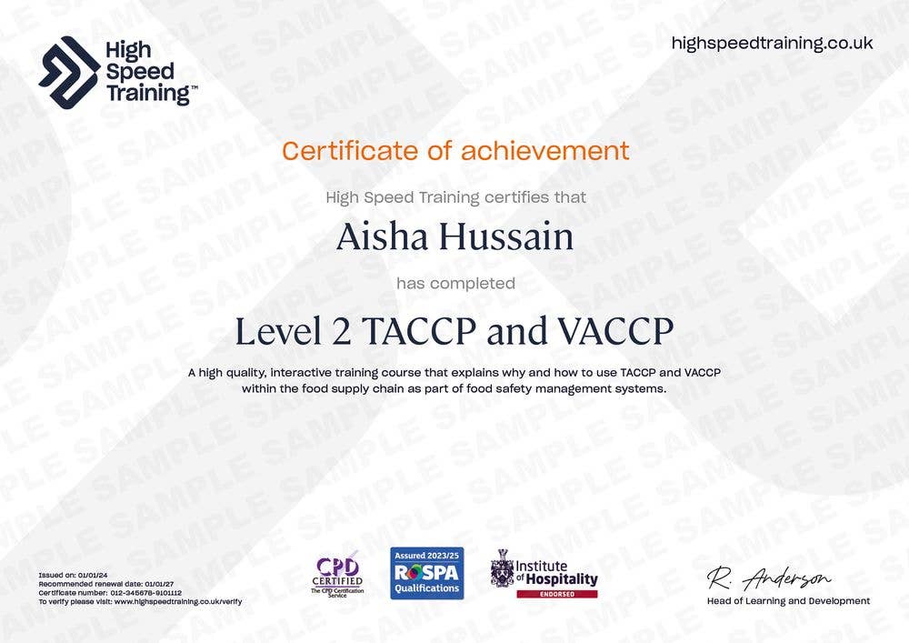 Sample Level 2 TACCP and VACCP Certificate