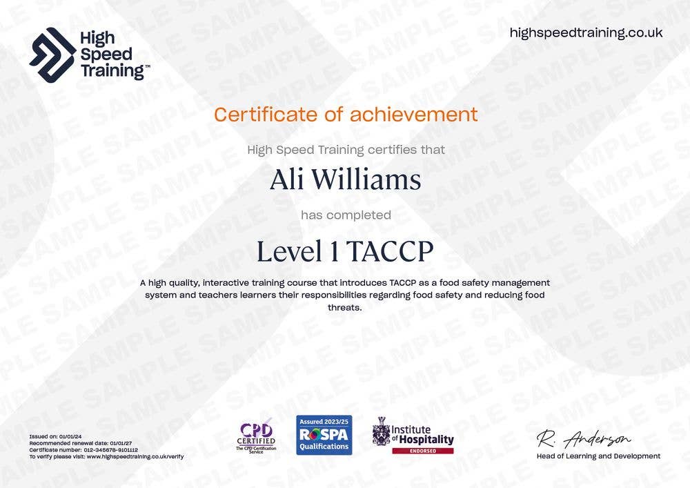 Sample Level 1 TACCP Certificate