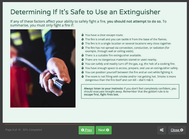 Course screenshot showing how to determine if it's safe to use an extinguisher